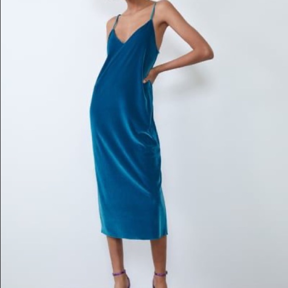 Zara Blue Velvet Midi Slip Dress